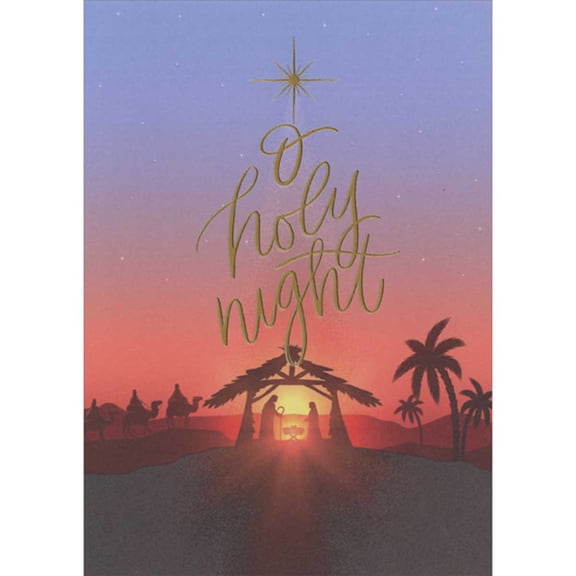 Designer Greetings O Holy Night: Gold Star Shining Down on Manger Silhouette Box of 15 Religious Christmas Cards
