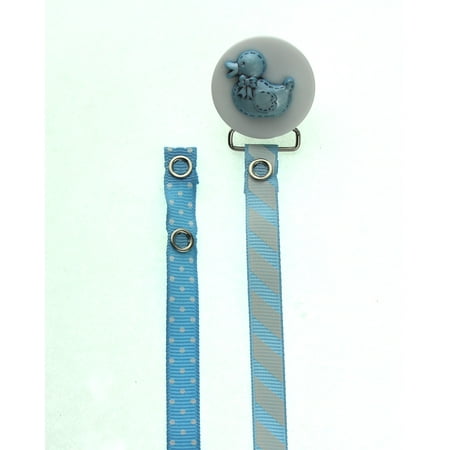 Blue Duck Pacifier Clip With Two Interchangeable Ribbons