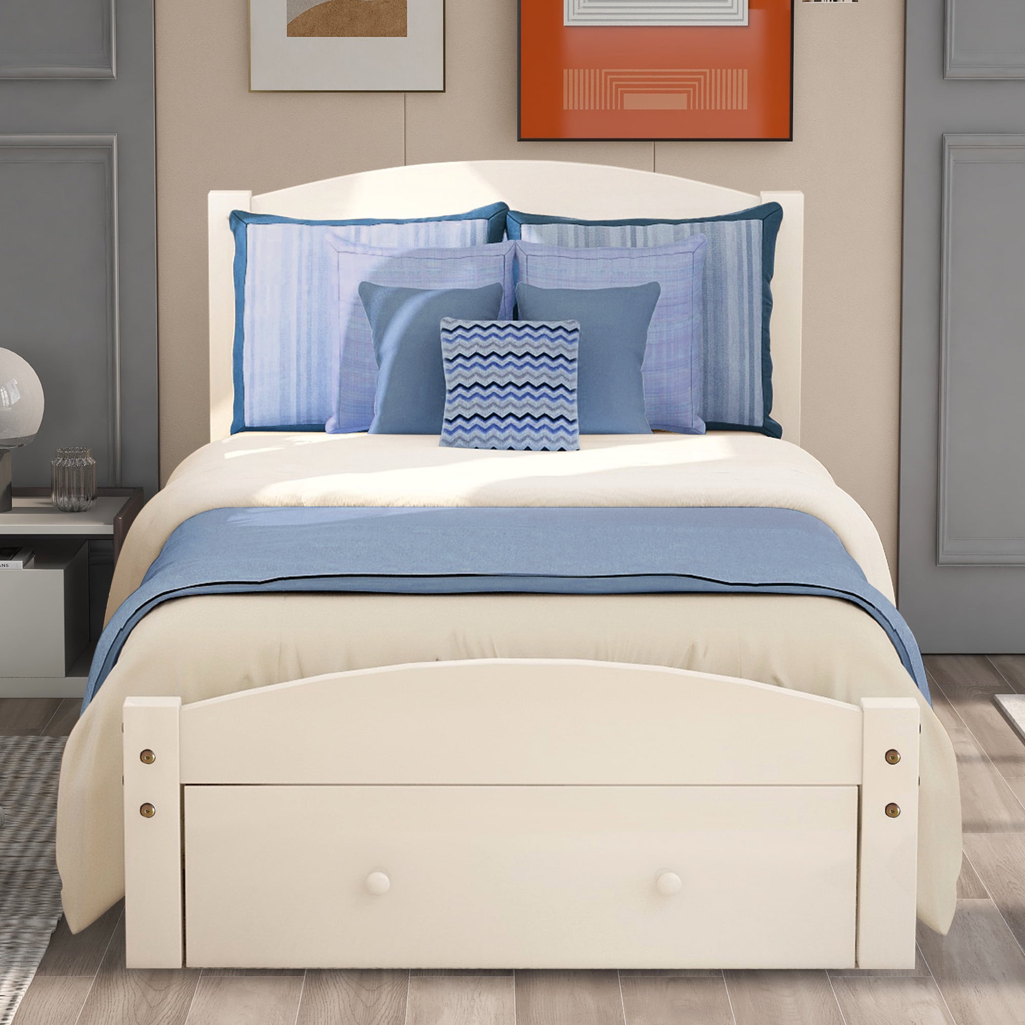 Twin Bed with Storage, Solid Wood Platform Bed Frame, Modern Twin Size Bed Frame with Headboard and Footboard, Bedroom Furniture Twin Platform Bed with Big Drawer, No Box Spring Needed, White