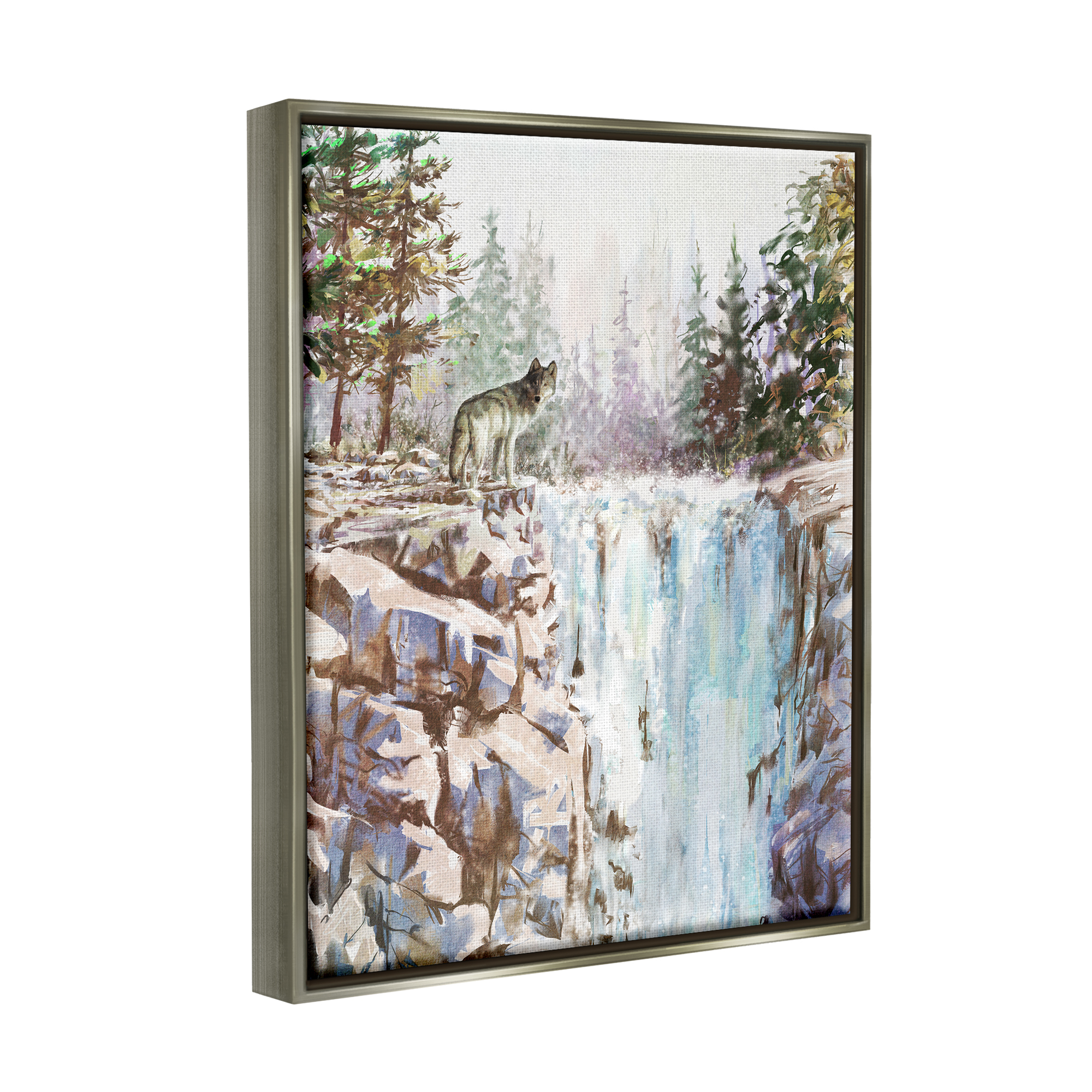 Stupell Wolf Near Rocky Waterfall Cliff Animals & Insects Painting Gray Floater Framed Art Print Wall Art