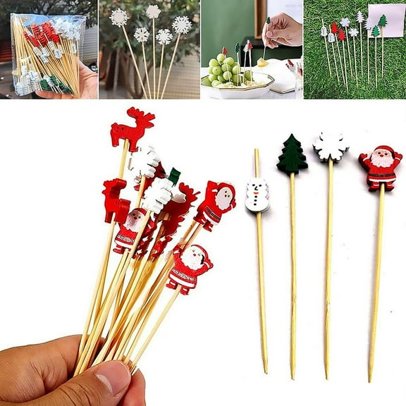 FurNest Christmas Cocktail Picks Fruit Sticks Disposable Bamboo Sticks Snowfl