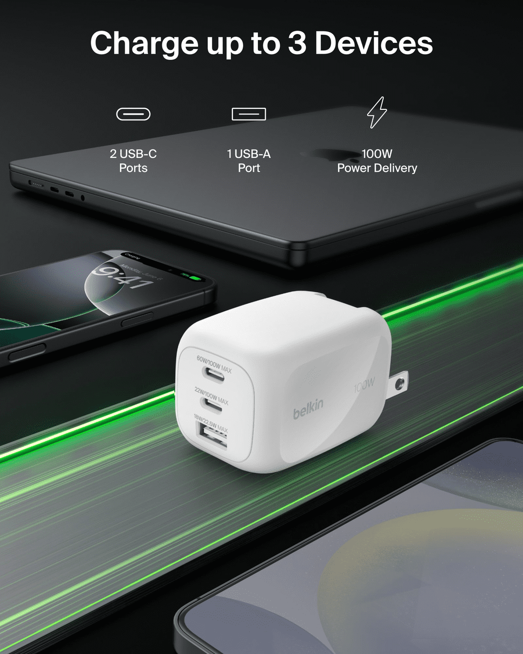 Belkin 3-Port USB C Charger Block 100W, Multi-Port GaN Wall Charger w/ 2x USB C Ports & 1x USB-A Port, Fast Charging for MacBook, iPhone 16, iPad Pro, Samsung Galaxy S25, Google Pixel, & More - White