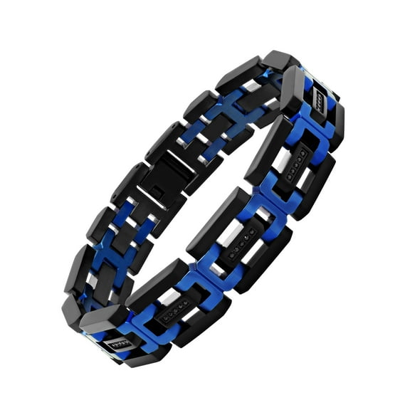 Mens Black Cubic Zirconia and Two-Tone Stainless Steel Link Bracelet