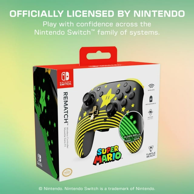 Refurbished Turtle Beach Rematch Wireless Controller, Super Mario Star Design, Glows in the Dark, Rechargeable Battery, Wireless, Motion Controls, Programmable Back Buttons, Nintendo Switch Compatible