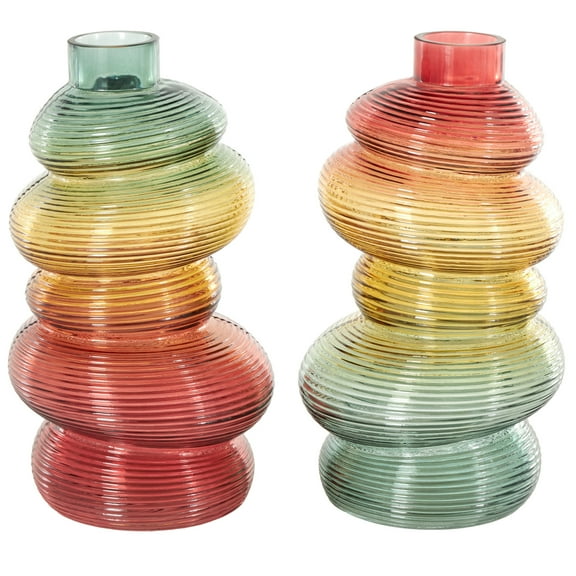 DecMode 7"W, 12"H Ribbed Stacked Stones Multi Colored Glass Vase with Color Blocks, Set of 2