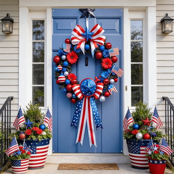 Independence Day Wreath for Front Door 4th of July Decorations Patriotic Artificial Green Leaves Flowers Bow 24x16 Inches