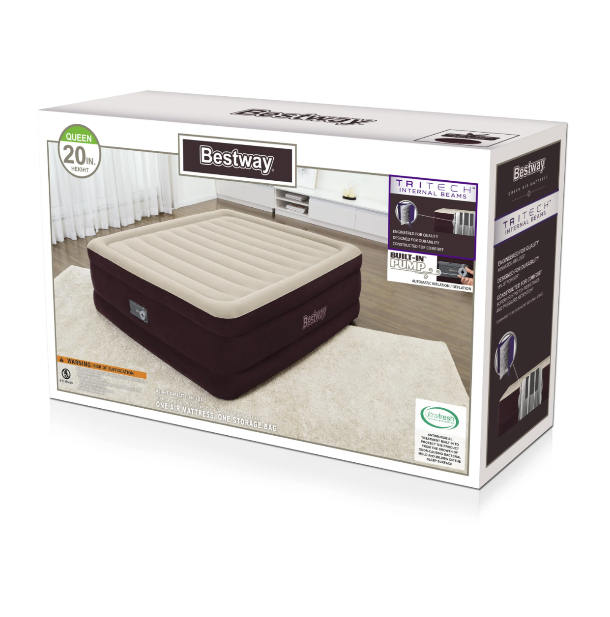 BESTWAY® MAROON TRITECH AIR MATTRESS QUEEN 20″ WITH BUILT-IN AC PUMP