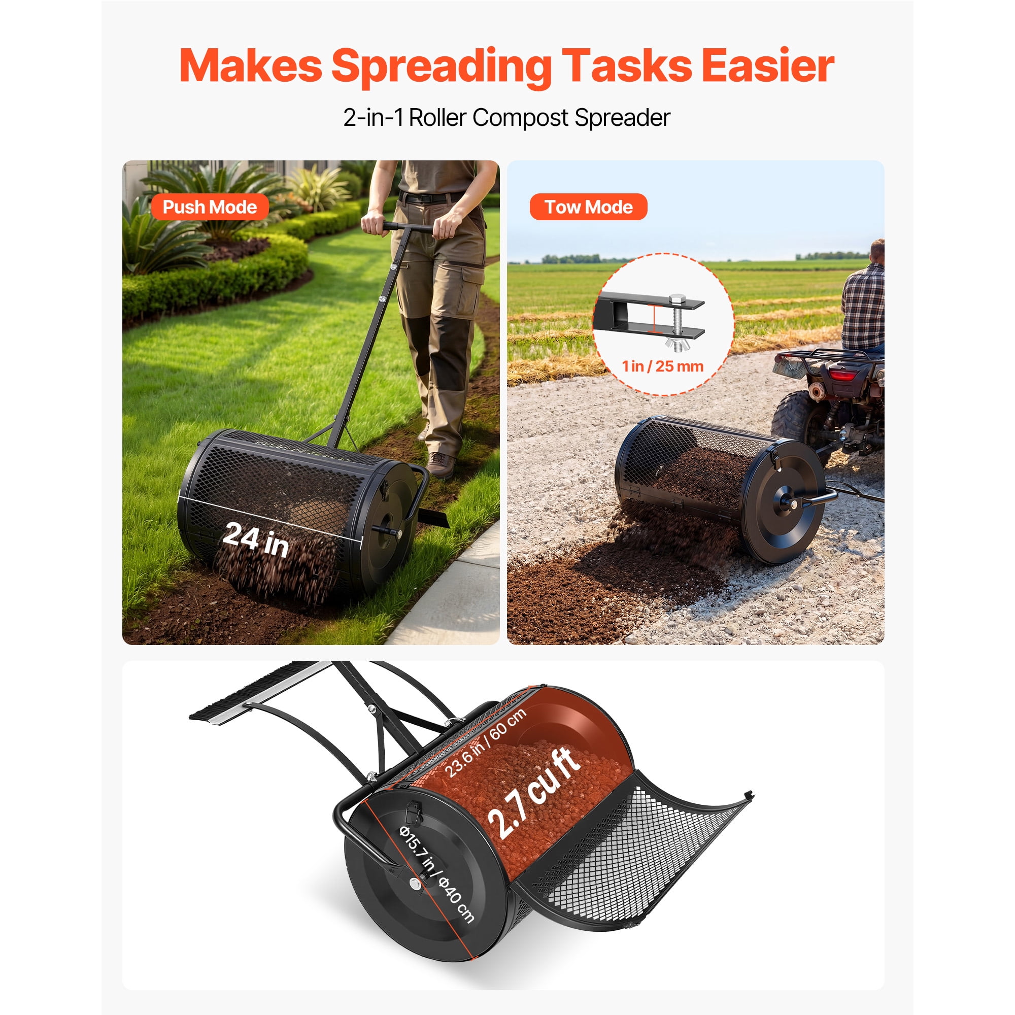 KFFKFF 24" Wide Compost Spreader with Adjustable Handle and Brush, Durable Steel Roller for Garden Planting and Seeding