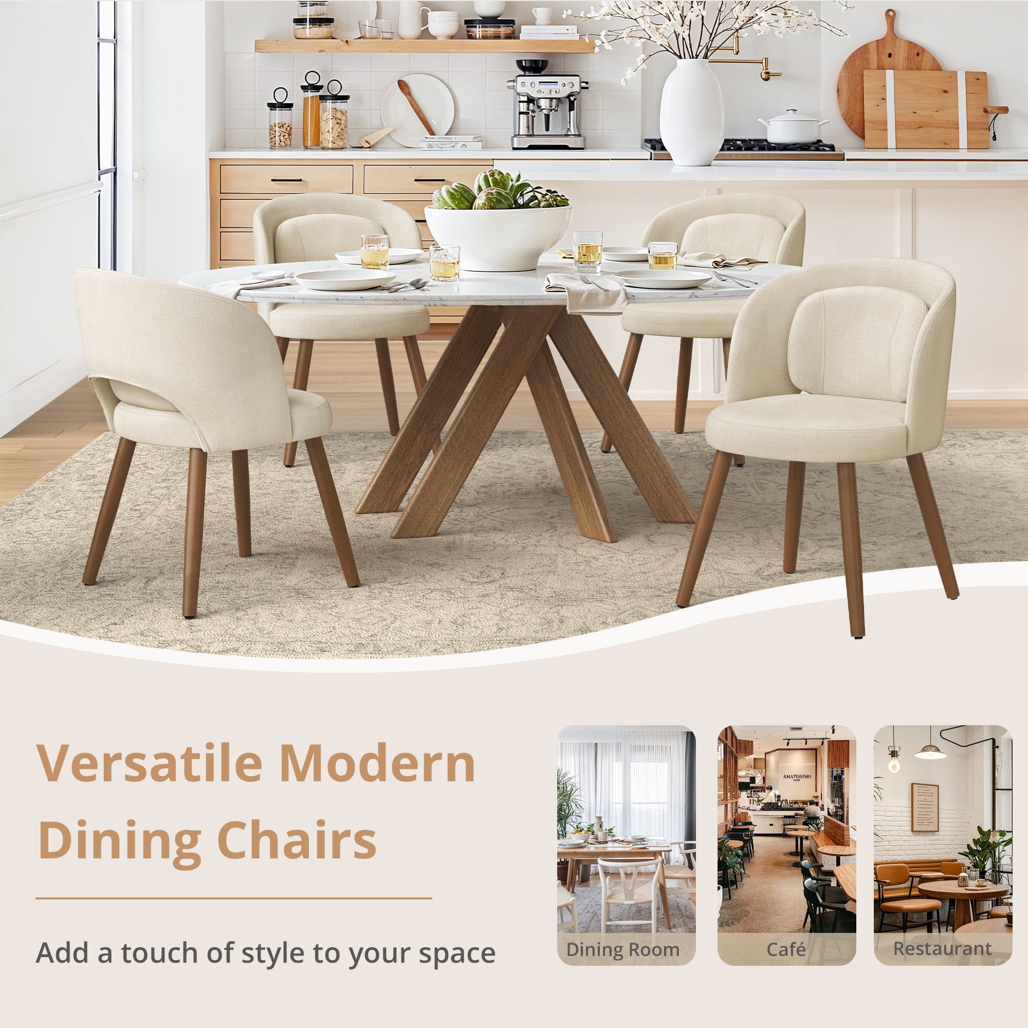 Dycanpo Upholstered Dining Chairs Set of 2, Wooden Dining Side Chairs with Curved Backrest & Individual Back Cushion, Linen-Fabric
