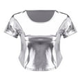 thumbnail image 3 of Prolriy Summer Tops for Women 2024 Women's Solid Color Reflective Shiny Metallic Round Neck Short Sleeve Crop Top T Shirt Womens Tops White XL, 3 of 8