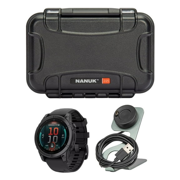 Garmin fenix E 47mm GPS Smartwatch with 1.3-Inch AMOLED Display (Slate Gray Steel and Black) Bundle with Waterproof Hard Case (Black) and Focus Camera Charger Stand (3 Items)