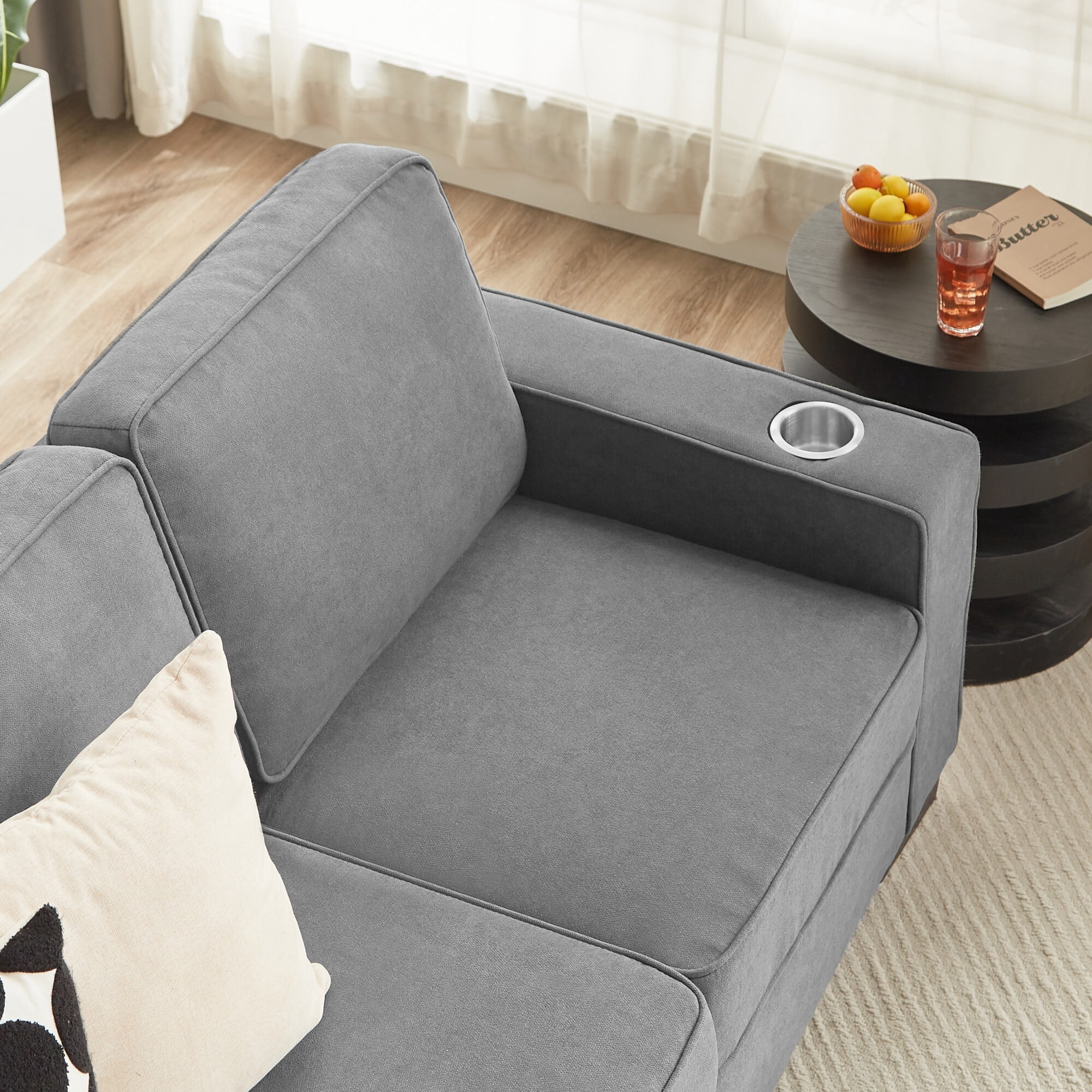 DEALTOPS 84" Modern Ice & Snow Velvet 3-Seater Sofa — Cozy Living Room Couch with Built-in Cup Holders, Gray