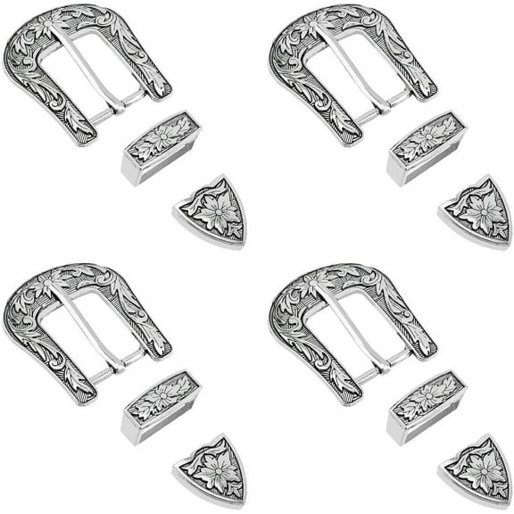 3 Sizes Western Floral Engraved Replacement Belt Buckle Set Antique Silver Belt Sets Hand Polished Cowboy Buckle Set with Keeper Loop Belt Tip Accessories for Leather Craft