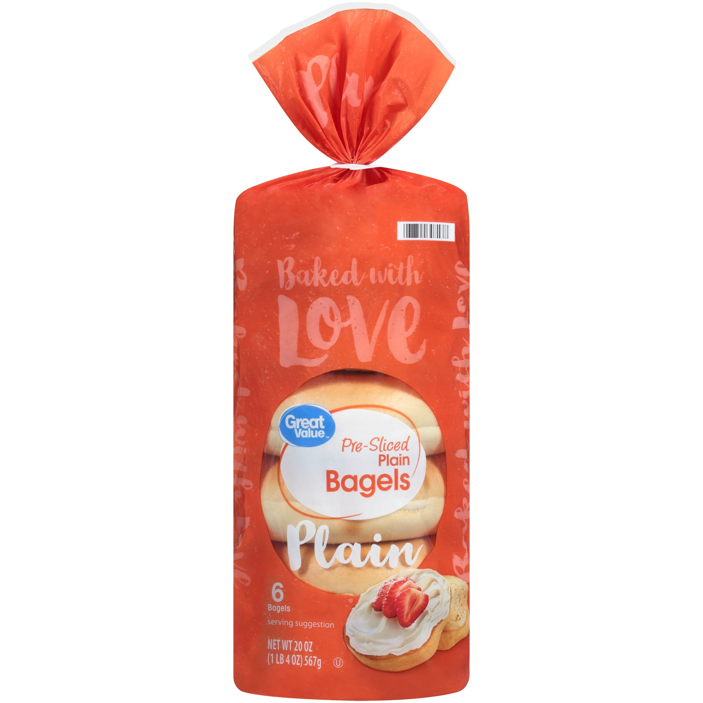 Great Value PreSliced Plain Bagels, 6 count, 20 oz
