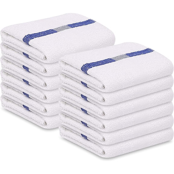 GOLD TEXTILES Economy Bulk Bath Towels White with Blue Stripe (22x44 Inches) | Lightweight, Durable, Easy Care | Pack of 12