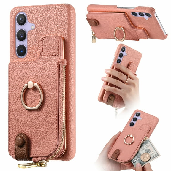 Compatible for Samsung Galaxy S24 Plus Zipper Wallet Case with Card Holder, Rotation Ring Kickstand Case, PU Leather Card Slots RFID Blocking Protection Phone Case Shockproof Cover, Pink
