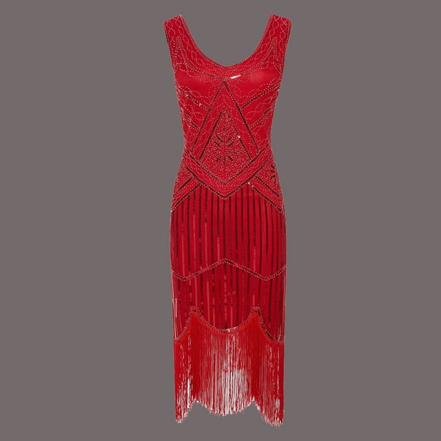 UPPADA Robes Vintage pour Femmes Grande Taille Robes à Franges Sans Manches Col en V Robe à Paillettes à Franges Robe de Cocktail Robe à Franges Perlée Rouge, TG