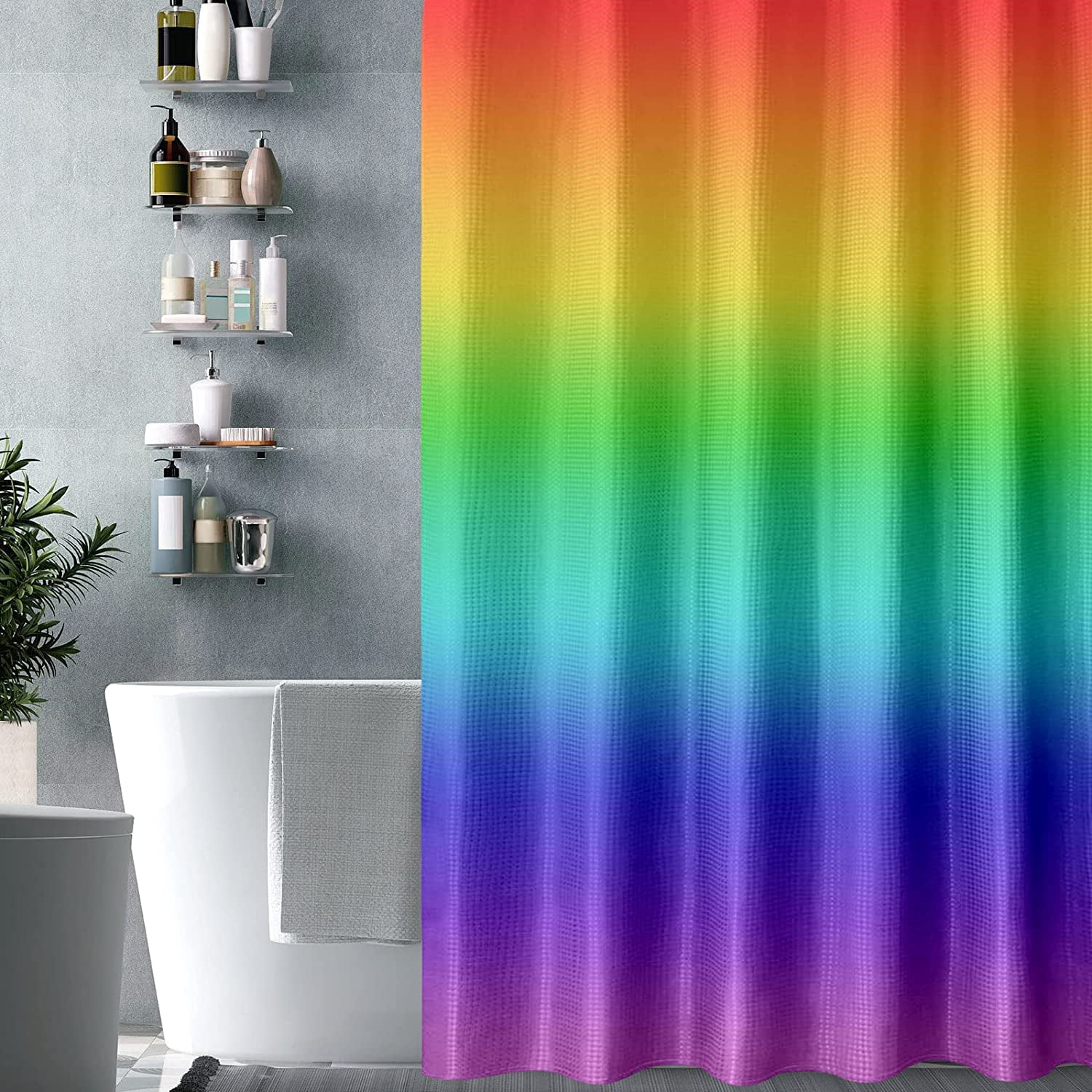 Colorful Rainbow Shower Curtain, Waffle Weave Fabric Ombre Bathroom Shower Curtain Set with Hooks, Water Repellent and Machine Washable, 72 x 72