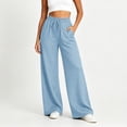 thumbnail image 2 of ZQUUVOU Women's Faux Denim Pants Wide Leg Palazzo Stretch Trousers with Pocket Casual Comfy Workout Office Beach Flowy Trousers Light Blue, 2 of 9