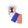thumbnail image 1 of Gureui Toddler Infant Baby Boys Independence Day Outfits, Numbers Stars Print Bow Short Sleeve Romper + Stripe Contrast Color Shorts 2Pcs Set, 1 of 9