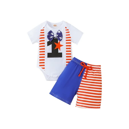

Binpure Baby Independence Day Outfit Number Stars Print Bow Romper + Shorts