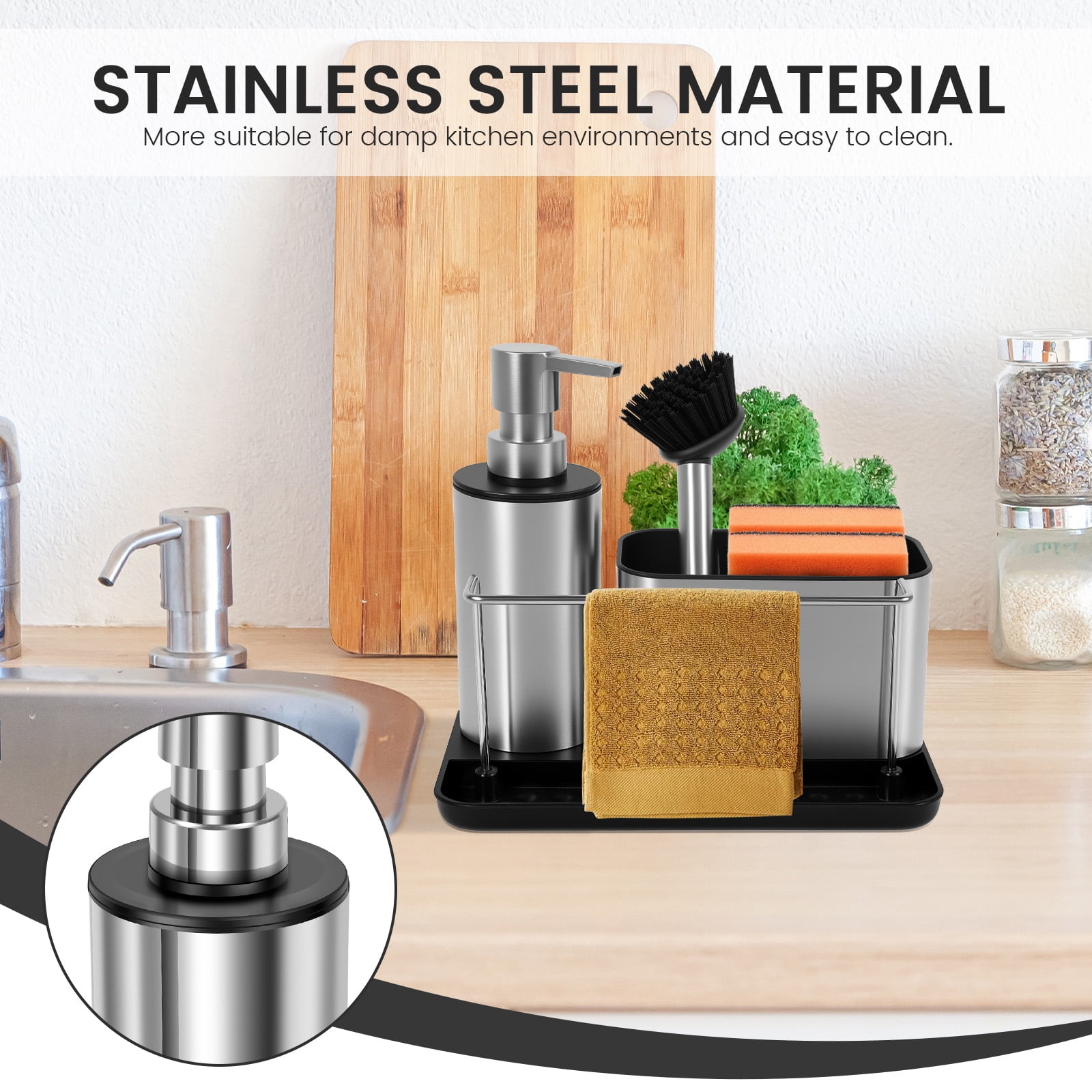 Kitchen Detergent Dispenser Stainless Steel Set with Brush Soap Dispenser and Sponge Holder Divided Storage Design for Galley