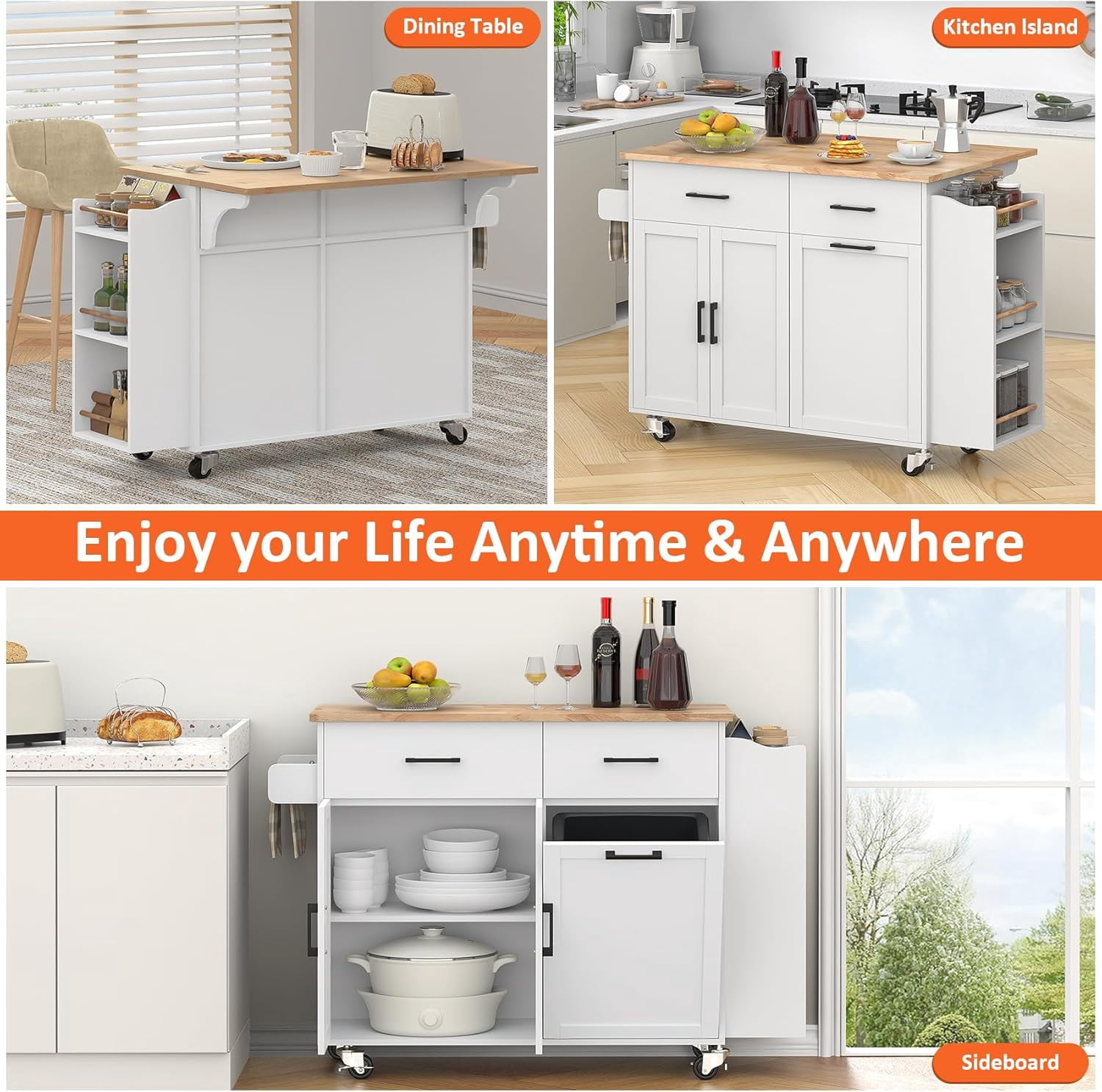 Frmobepts Rolling Kitchen Island with Drop Leaf, Tilt Out Kitchen Trash Cabinet 10 Gallon Storage, Kitchen Cart Island with Rubber wood Top, Spice Rack and Drawers,White