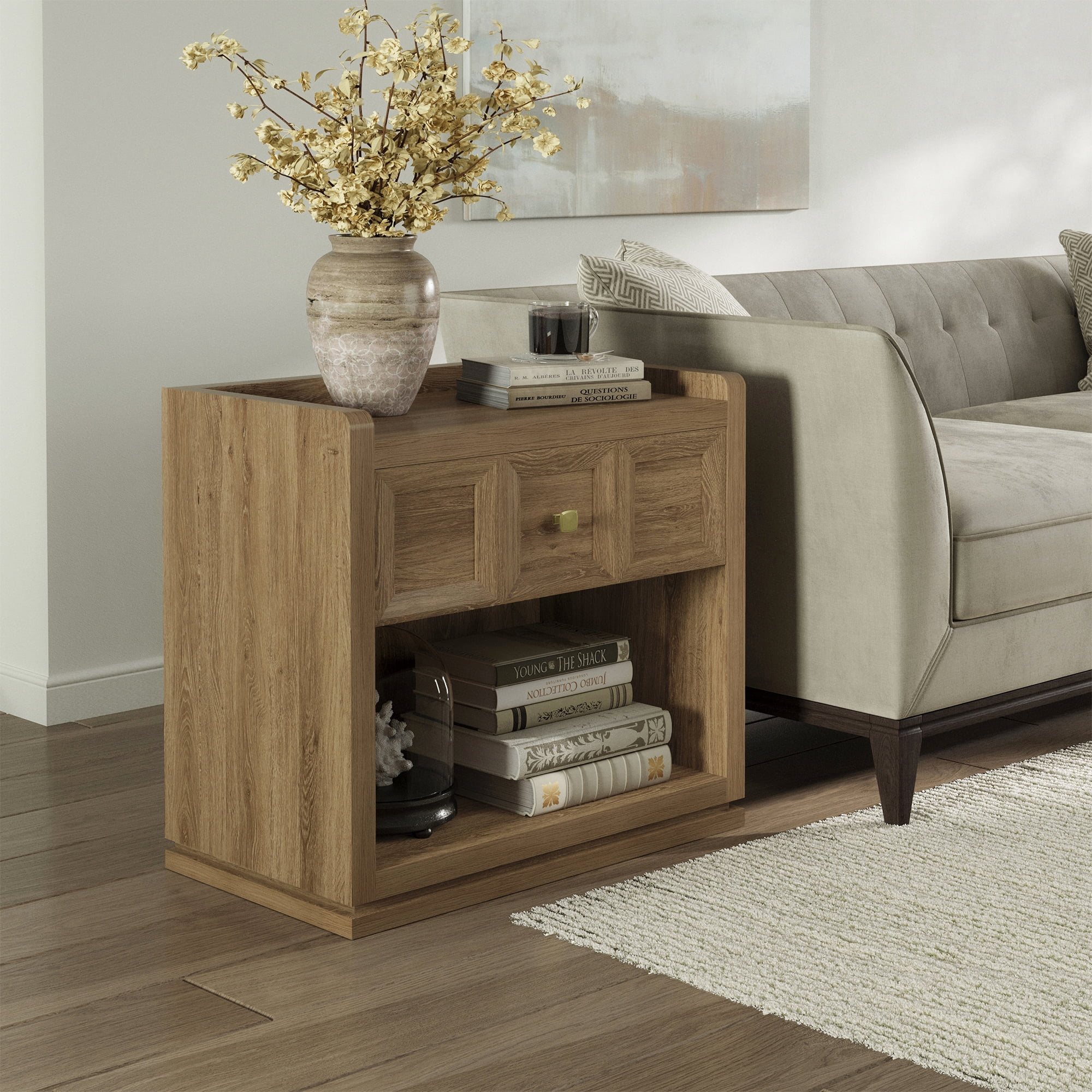 SICOTAS 26" W Farmhouse Nightstands Set of 2, Big nightstands with Drawer & Open Shelves, Large Bedside Table, End table for Bedroom, Living Room, Brown