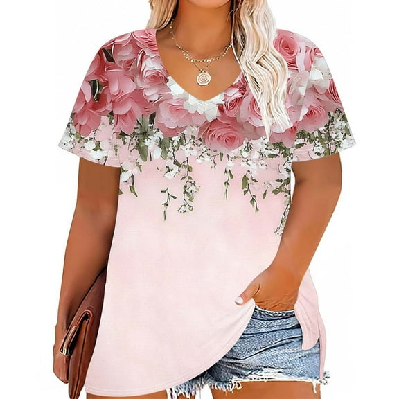 Xixinqiwan Women Tops ,Womens Plus Size Tunic T Shirts Short Sleeve V Neck Shirts Summer Casual Cotton Soft Loose Tops Multicolor XXXL