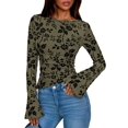 thumbnail image 5 of Women Long Sleeve Floral Mesh Tops Blouse Trendy Boat Neck Ruched Fitted Shirt Going Out Outfits Green XS, 5 of 10