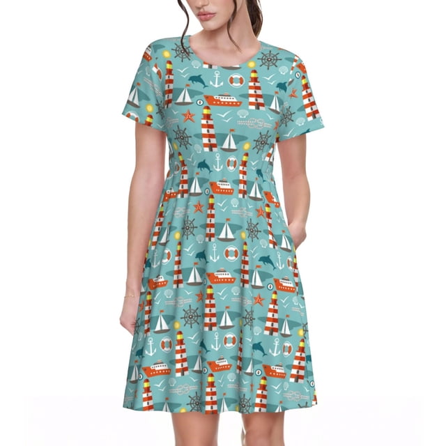 Fotbe Sea Lighthouse Vestido Largo de Moda para Mujer, Vestido Tipo Camiseta con Manga Corta y Estilo Casual a Rayas y Bloques de Color