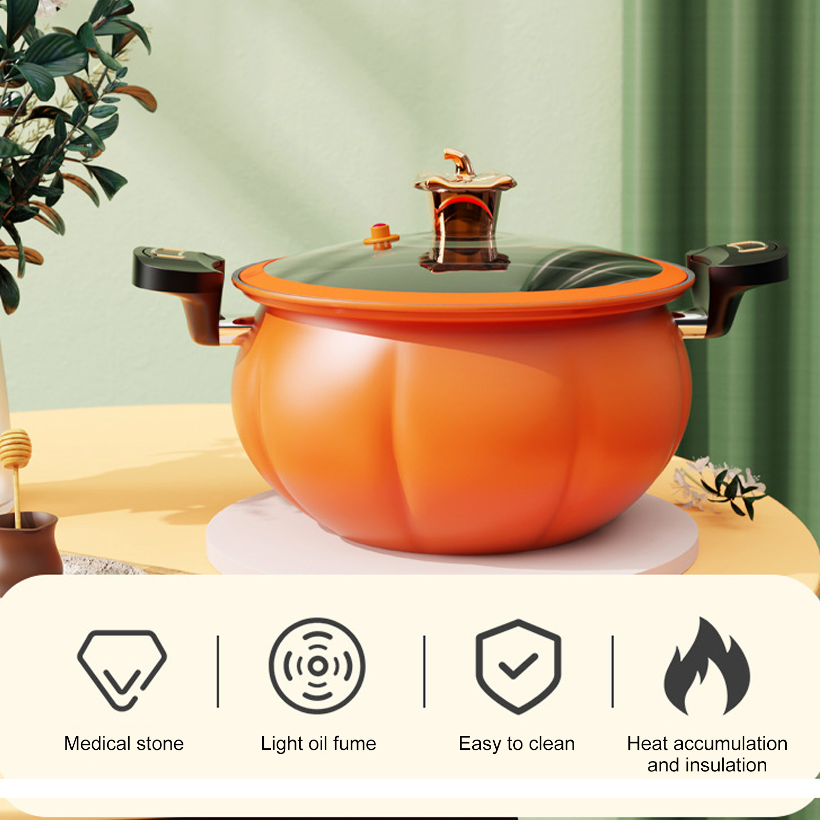8 Qt Micro Pressure Cookware Stock Pot - Pumpkin Shaped With Detachable Handle, Glass Lid For All Stoves