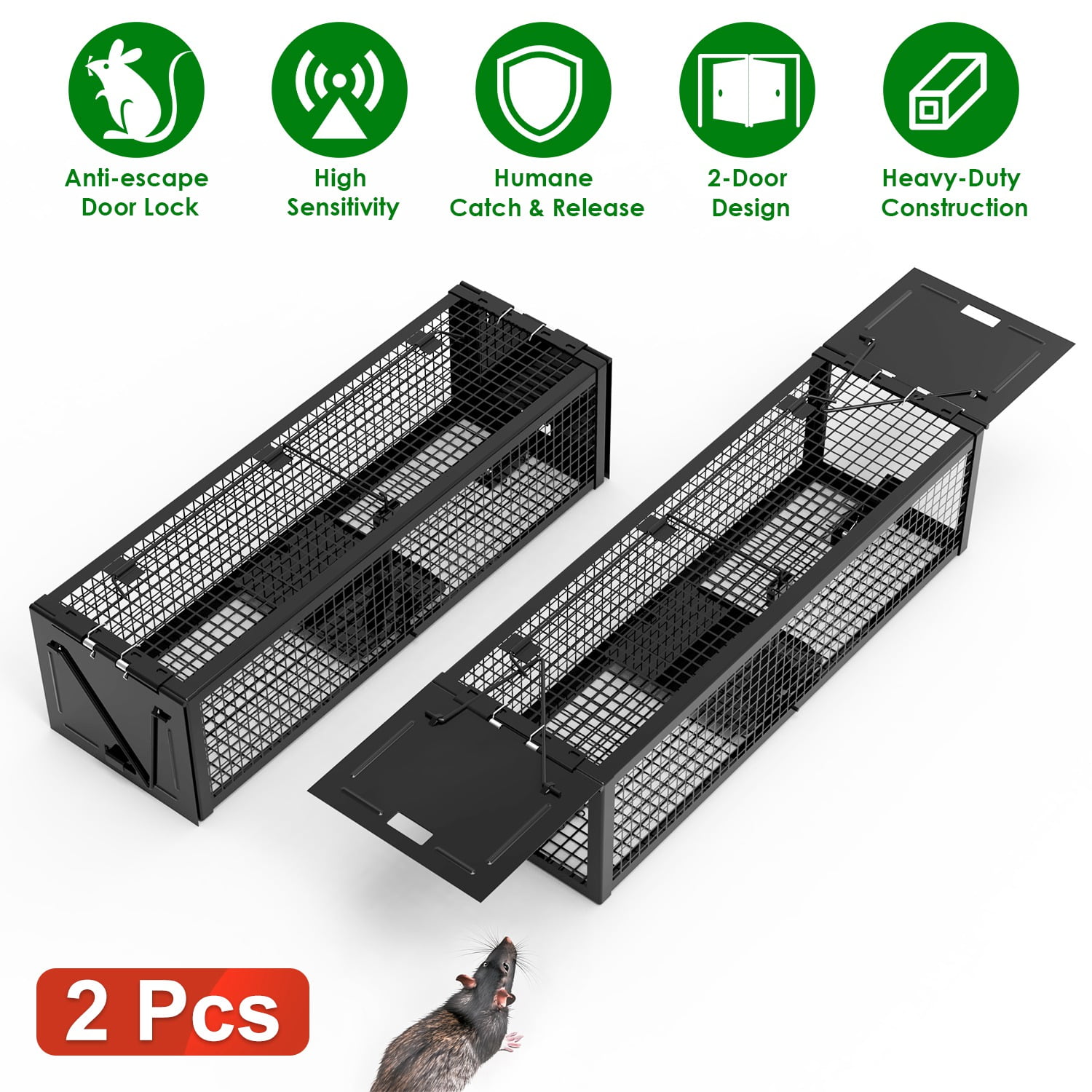 Teqhome 2Pack 15.35x4.72x3.94in Humane Mouse Traps Mouse Traps for Home 2-Door Galvanized Iron Reusable Humane Live Rat Trap for Home Garden Farm （Black）