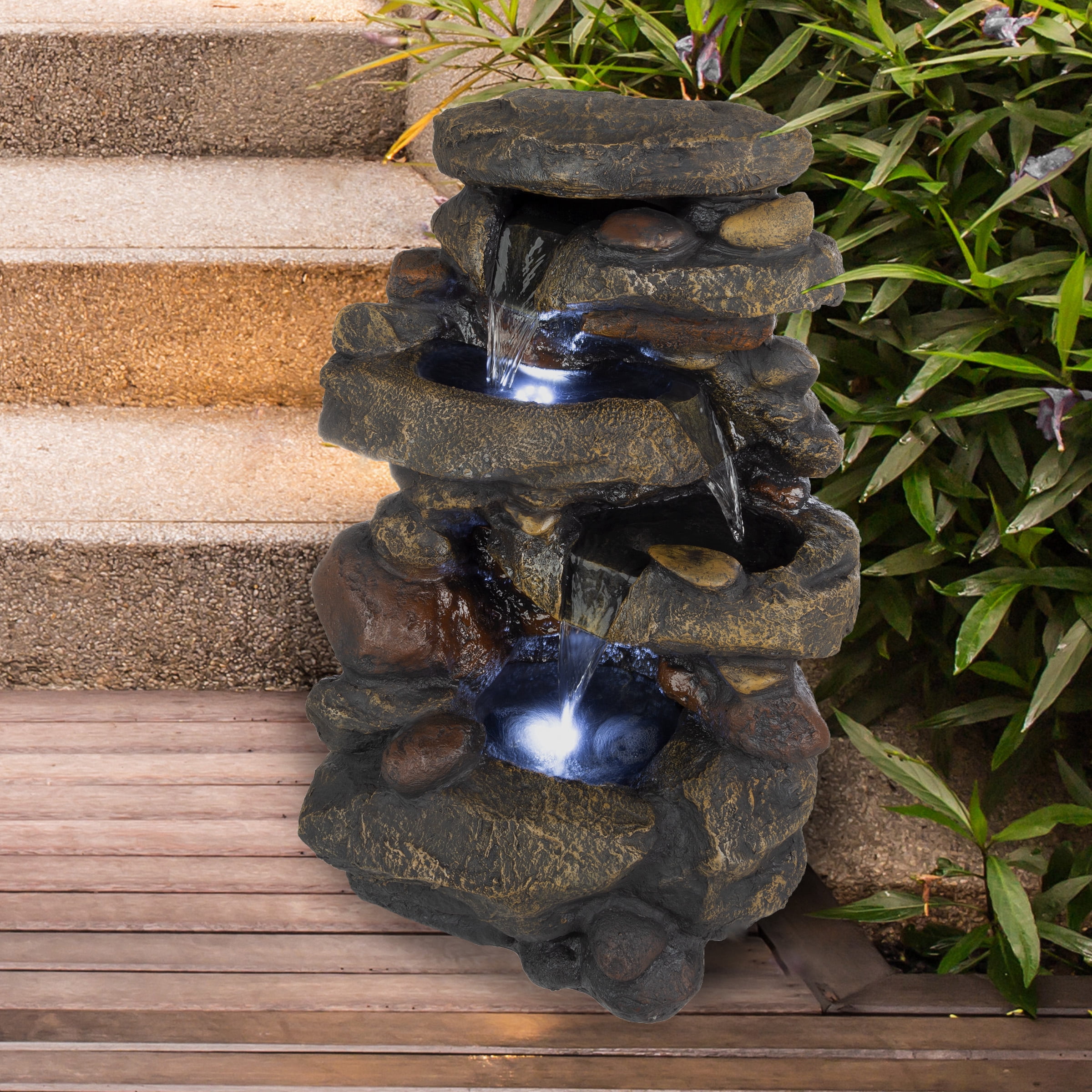 Pure Garden 3-Tier Outdoor Water Fountain with Lights - 25.5” LED Fountain