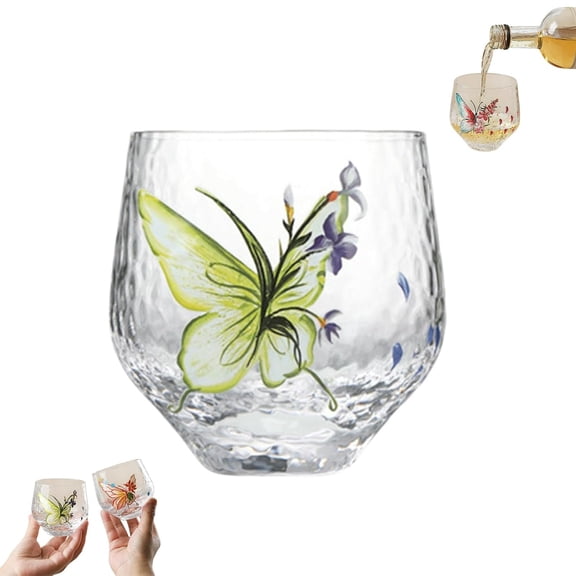 Flower glass cup,Butterfly Floral Clear Embossed Glass Cup,Nature Butterfly Flower Mug for Tea Coffee Iced Drinks, Gift for Mom Friends Garden Lovers(1PC-Orchid butterfly)