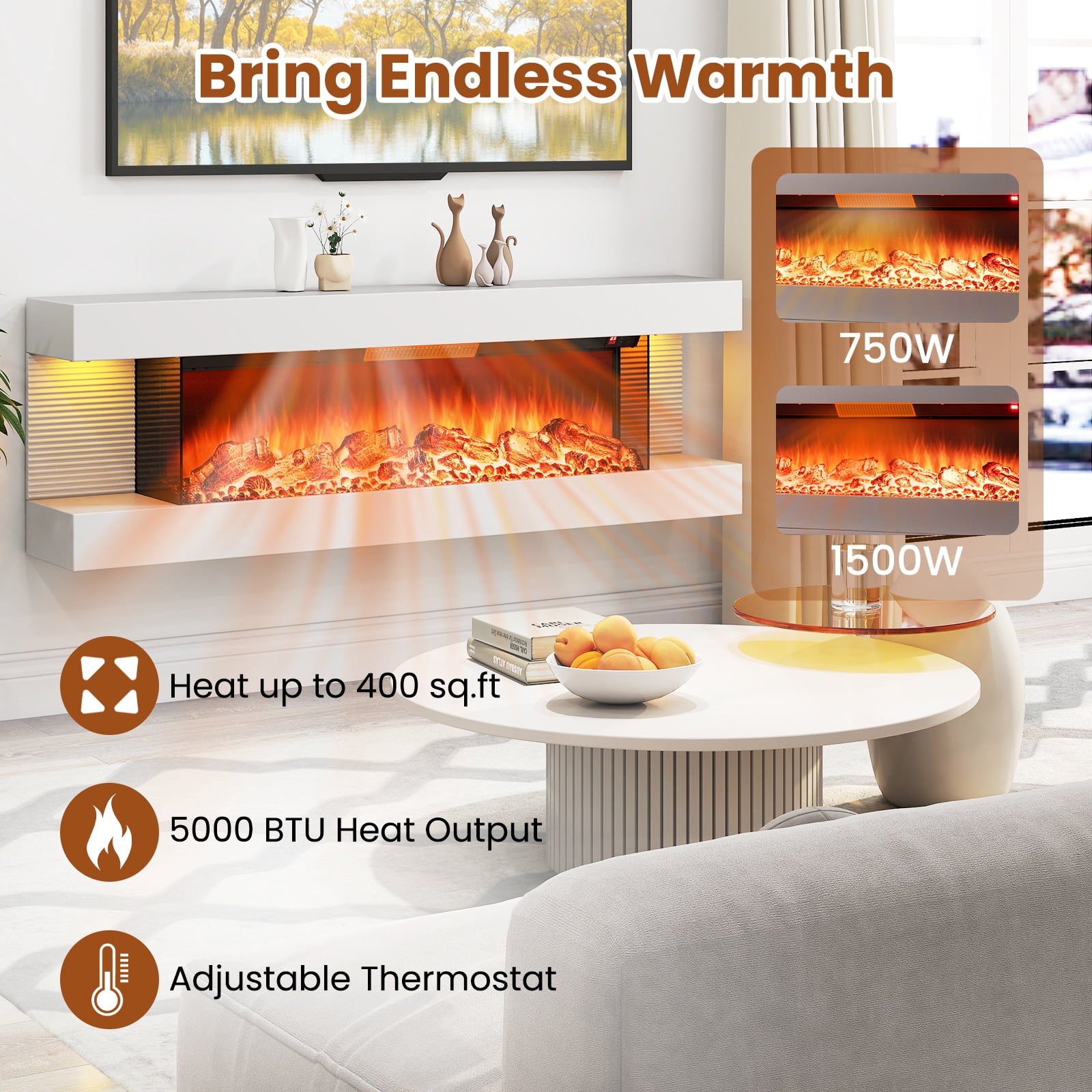 Giantex Wall-Mounted Electric Fireplace Mantel, 18" Fireplace & 32" Floating Mantel w/Overheat Protection & 8H Timer