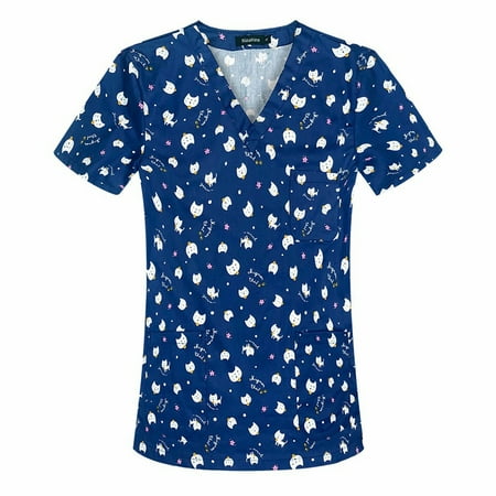 

Sksloeg Scrub Tops Women Stretchy Comfortable Easy Fit Lightweight Durable Soft Stretch Flower Printed V-Neck Scrub Top With Pockets Dark Blue M