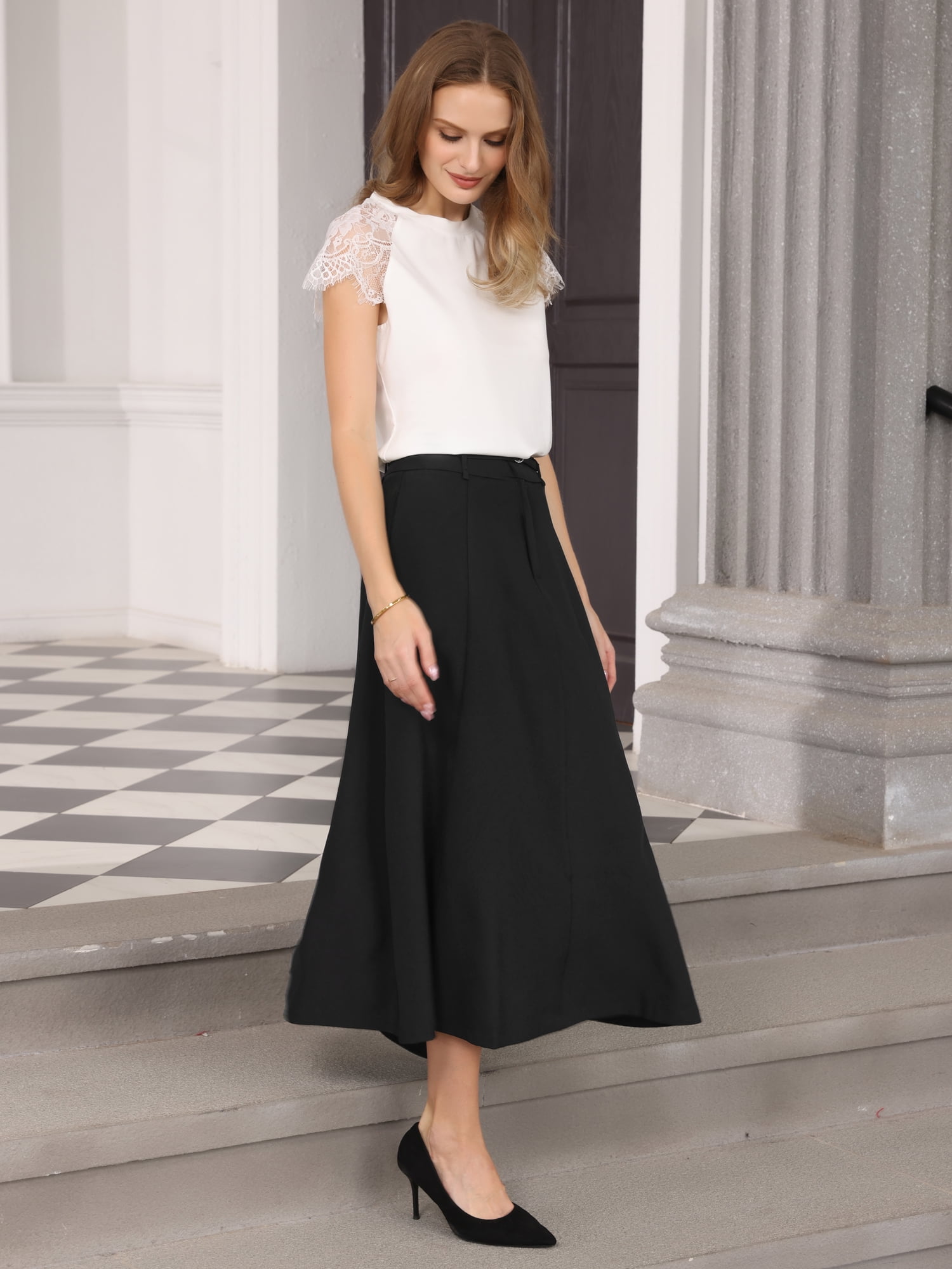 DARING DIVA Women's A Line Elastic High Waist Maxi Skirts L Black
