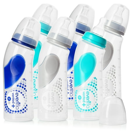 Evenflo Feeding Vented + Angled BPA-Free Plastic Baby Bottles - 9oz, Teal/Navy/Gray, 6ct