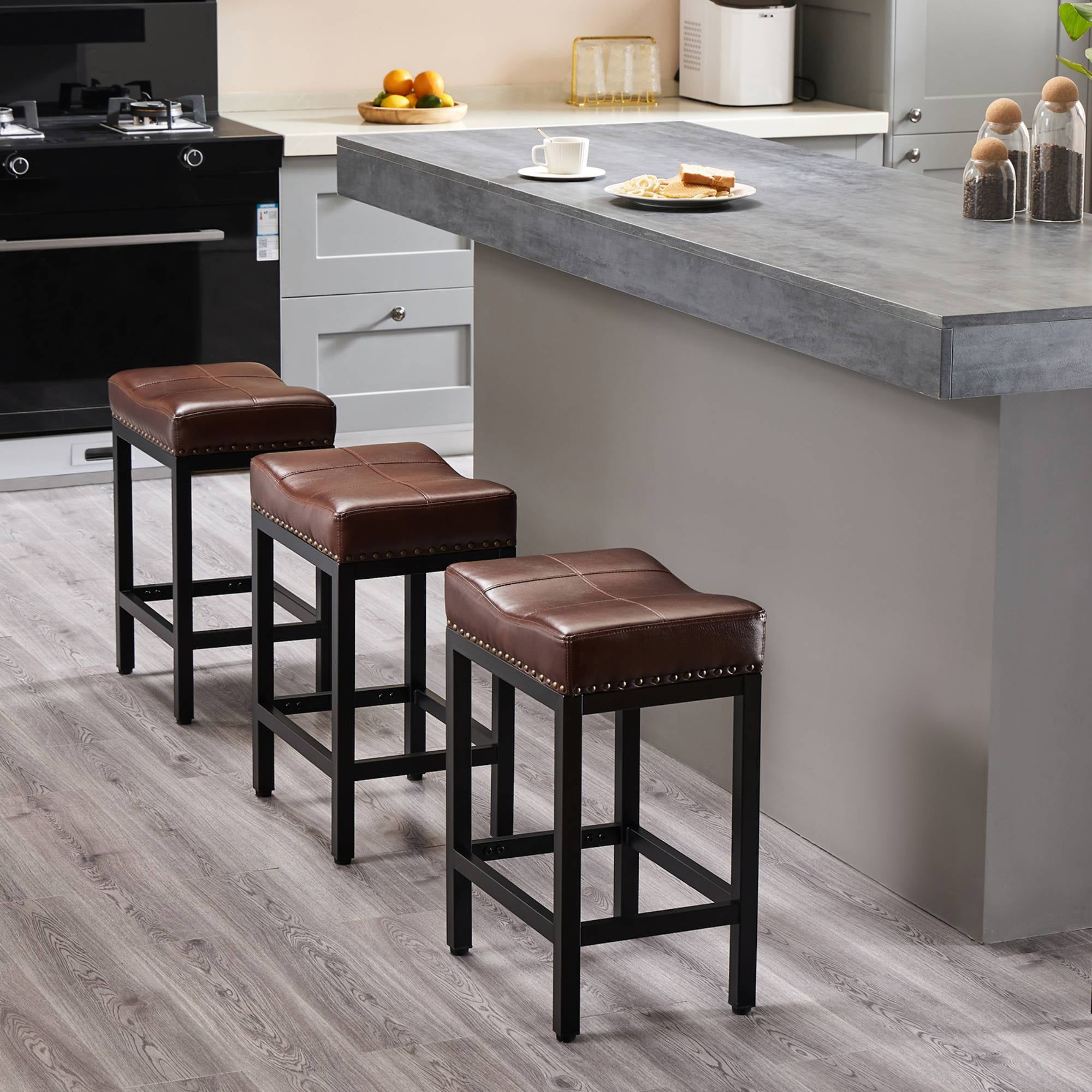 24 inch Saddle Bar Stools Set of 2 Leather Counter Height Bar Stools for Kitchen Island PU Sadless Stools Chair with Metal Footrest, Brown