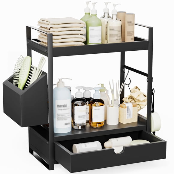 Organizador de mostrador de baño Aollewoiti de 2 niveles con cajón negro