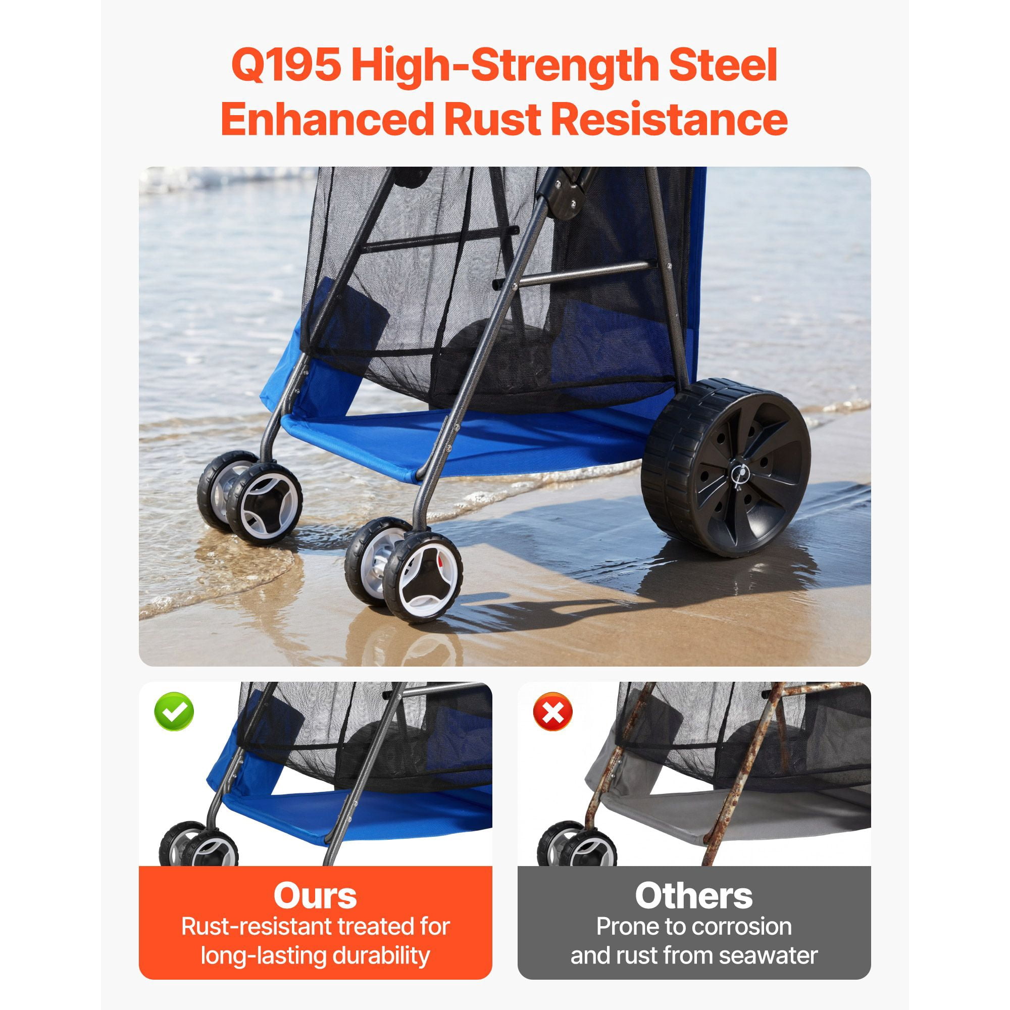 Beach Cart with Large Wheels for Sand, 165 lbs Load Capacity, Heavy Duty Folding Beach Wagon with 10" Solid Wheels, Insulated Cooler Bag, Umbrella Holder, Holds 4 Chairs for Camping & Fishing