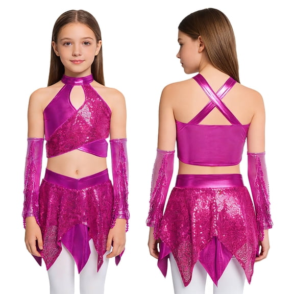 Eandarui Youth Girls Jazz Latin Ballroom Costume Disco Party Clothes Sequins Dance Outfits Raves Festivals Carnival Set Hot Pink 10