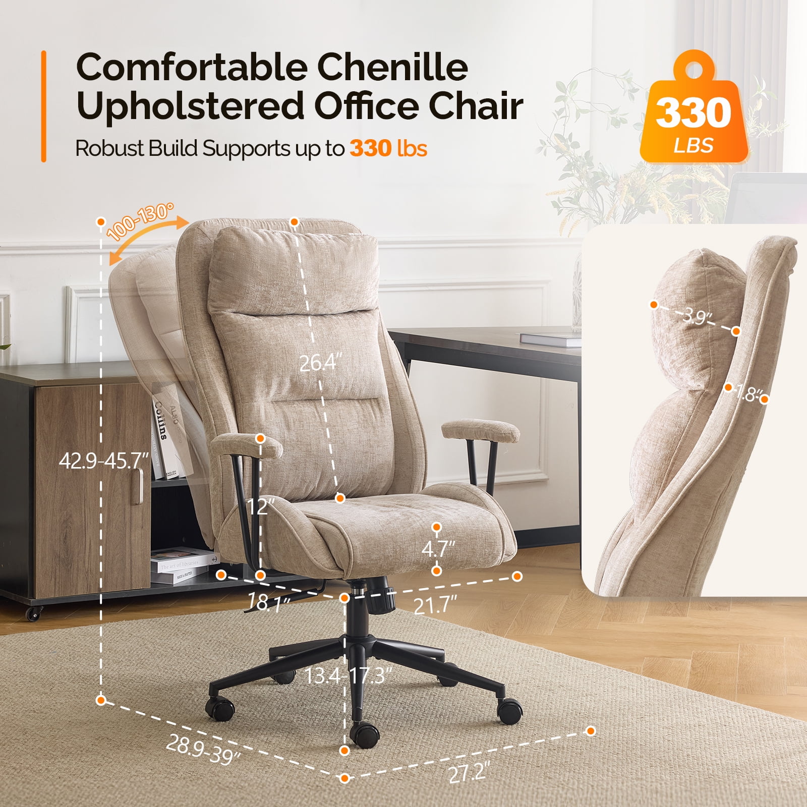 Ktaxon Office Gaming Chair High Back with Armrests – Adjustable Swivel Chair 360° Rotation 30° Recline Chenille Seat Star Base Wheels Light Khaki