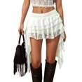 thumbnail image 4 of Unir Women Multi-Layer Floral Lace Ruffle Mini Skirt Wide Elastic Waist Irregular Asymmetrical Side Drape Western Festival Casual Short Bottom 1PC XS-L Plus Size Friendly, 4 of 5