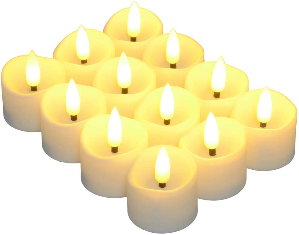 12pcs Battery Tea Lights, 3D Realistic Black Wick with 6H Timer, LED