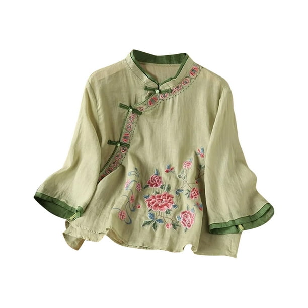 Vestidos Casuales Para Mujer, Blusas De Mujer De Moda Cárdigan informal de lino con cuello alto y botones bordados para mujer