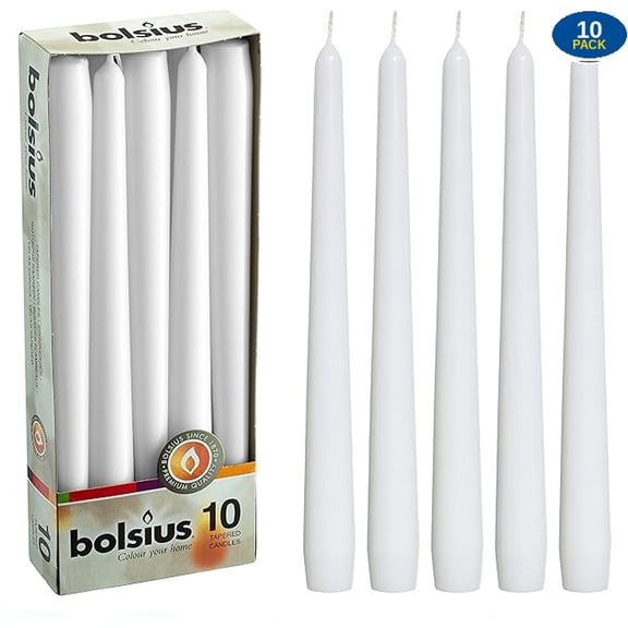 Bolsius Taper Candles 10 Inch, White Candle Sticks, European Long Dripless Unscented Candles 8 Hrs, 10-Pack