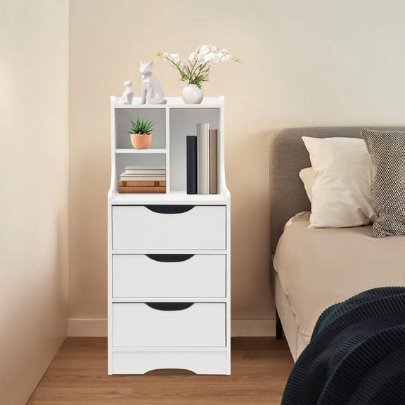 White Modern Nightstand With 3 Drawers And Open Shelf Freestanding Bedside Table For Bedroom Living Room