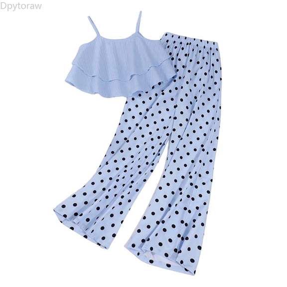 Dpytoraw Girls Summer Outfit Sleeveless Tank Top With Floral Hem And Polka Pants Casual Two Piece Comfy Playwear Girls Pajama Pants Sets Size 9-10 Years
